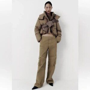 Zara Full Length Cargo Khaki Pants Womens XS Light Khaki Cotton
